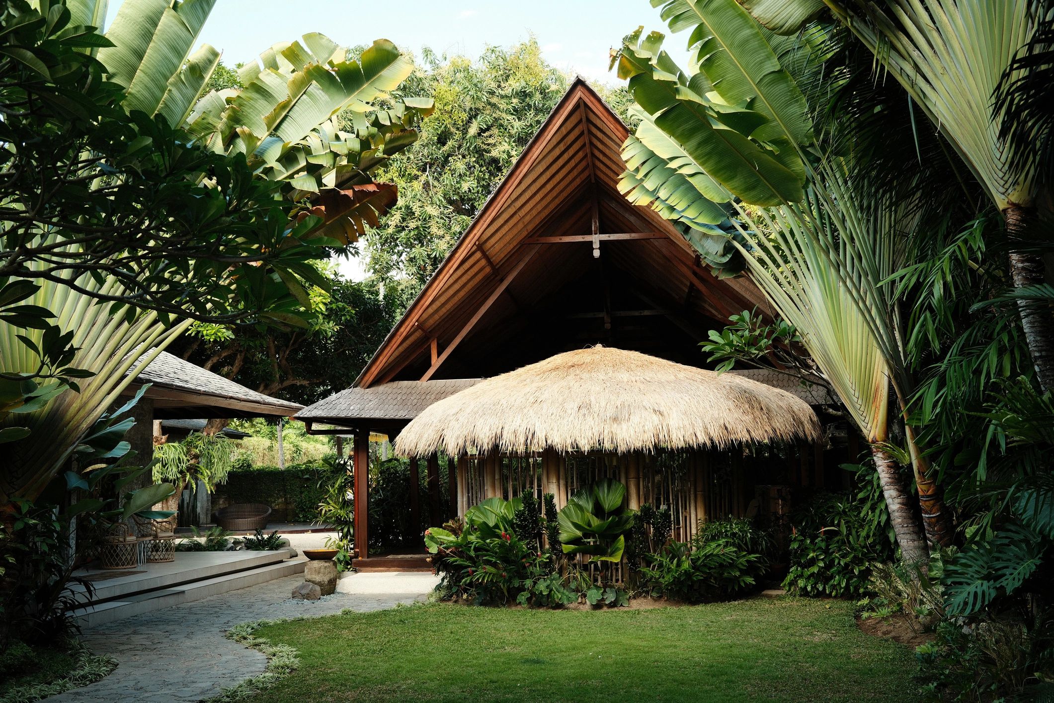 Tropical guest house surrounded by lush greenery