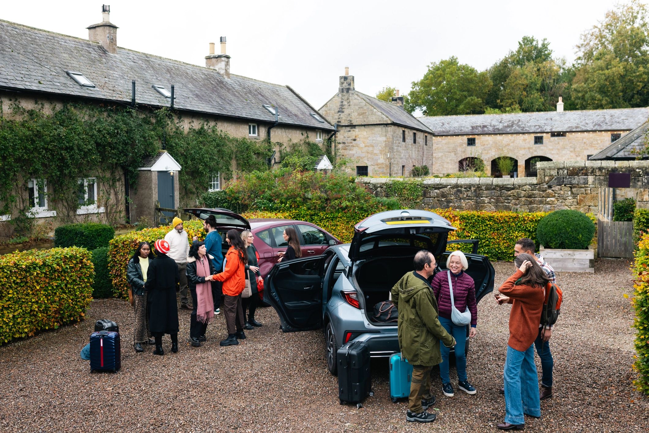 Travelers arriving for a road trip